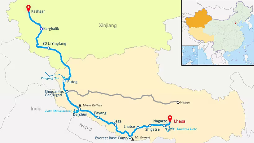 Route Map of the Xinjiang Tibet Highway via Mount Kailash