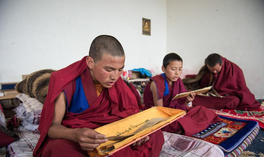 Monks learn Tibetan at Qamdo Monastery in Jinchuan County, southwest China's Sichuan Province, June 25, 2014. The Tibetan Buddhism monastery is located at an altitude of 2,000 meters in Sichuan and has been at least 1,000 years old.