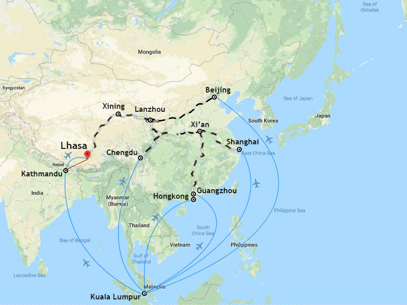 Ways to travel from Malaysia to Tibet.