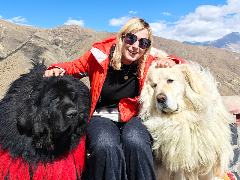 Female guest with cute Tibetan mastiff