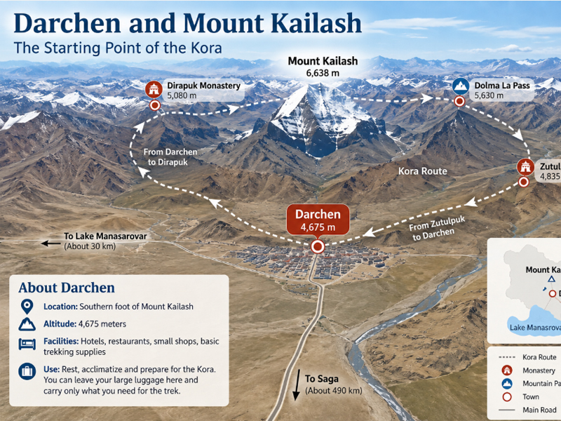 Darchen and Mount Kailash Map Map showing Darchen and the Mount Kailash Kora route