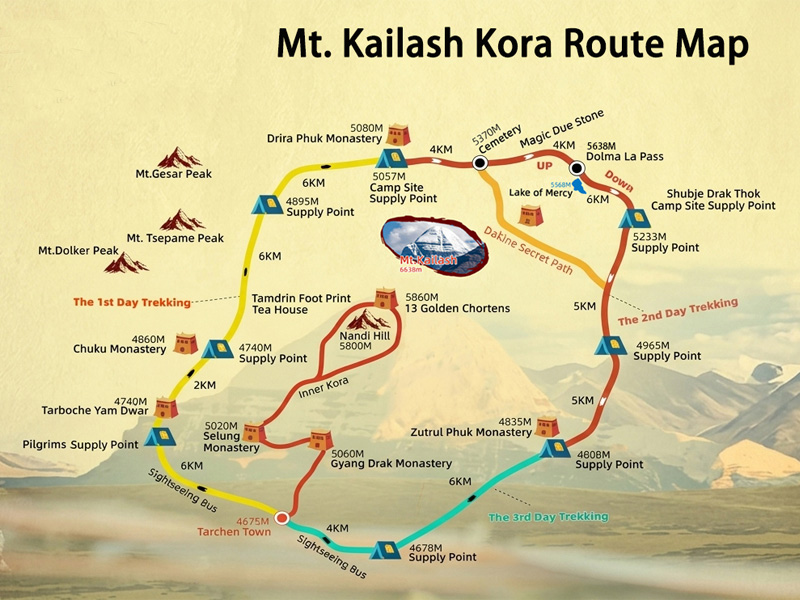 Mount Kailash Kora Route Map Map of the 52 km Mount Kailash Kora route