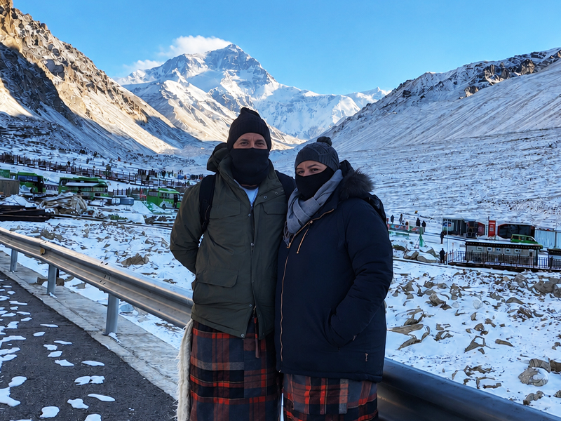 Keeping Warm at Everest Base Camp in Winter Tibet Vista guests wearing warm winter clothing and provided thermal wraps at Everest Base Camp