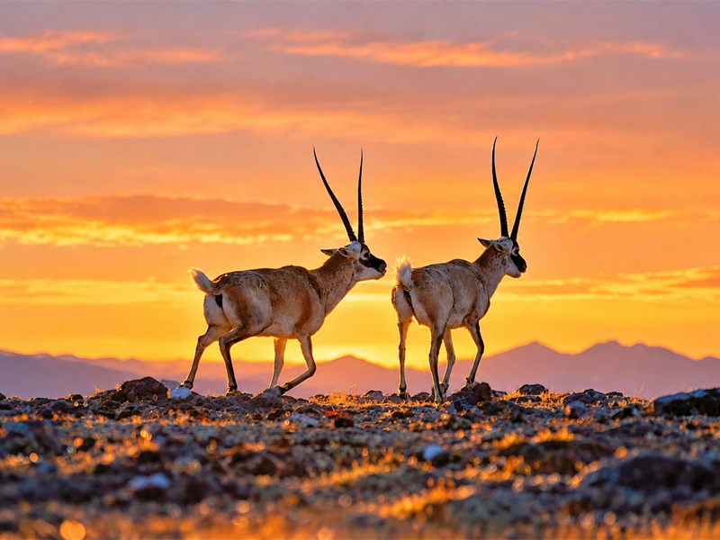 Tibetan antelopes in Hoh Xil on the Qinghai-Tibet Plateau Two Tibetan antelopes walking across the plateau at sunset