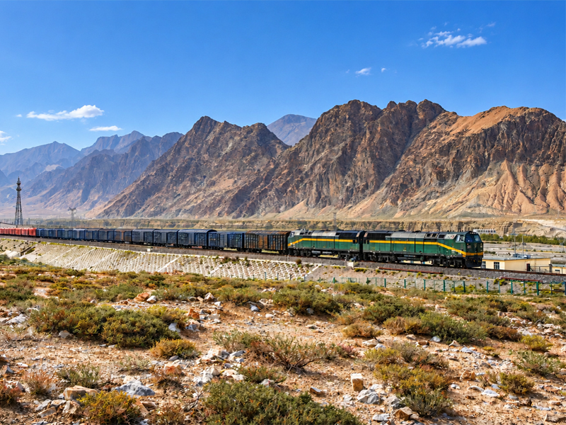 Tibet train passing through Golmud along the Qinghai-Tibet Railway Tibet train traveling through the mountains near Golmud