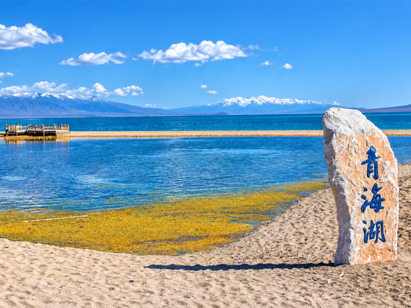 Visit Qinghai Lake before taking the Tibet train from Xining Qinghai Lake with snow-capped mountains near Xining